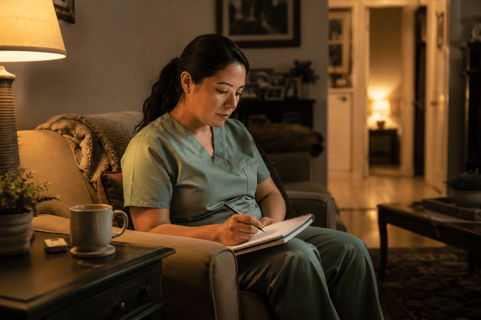 Jane's Home Care caregiver awake at night taking care notes in a softly lamp-lit Fresno living room