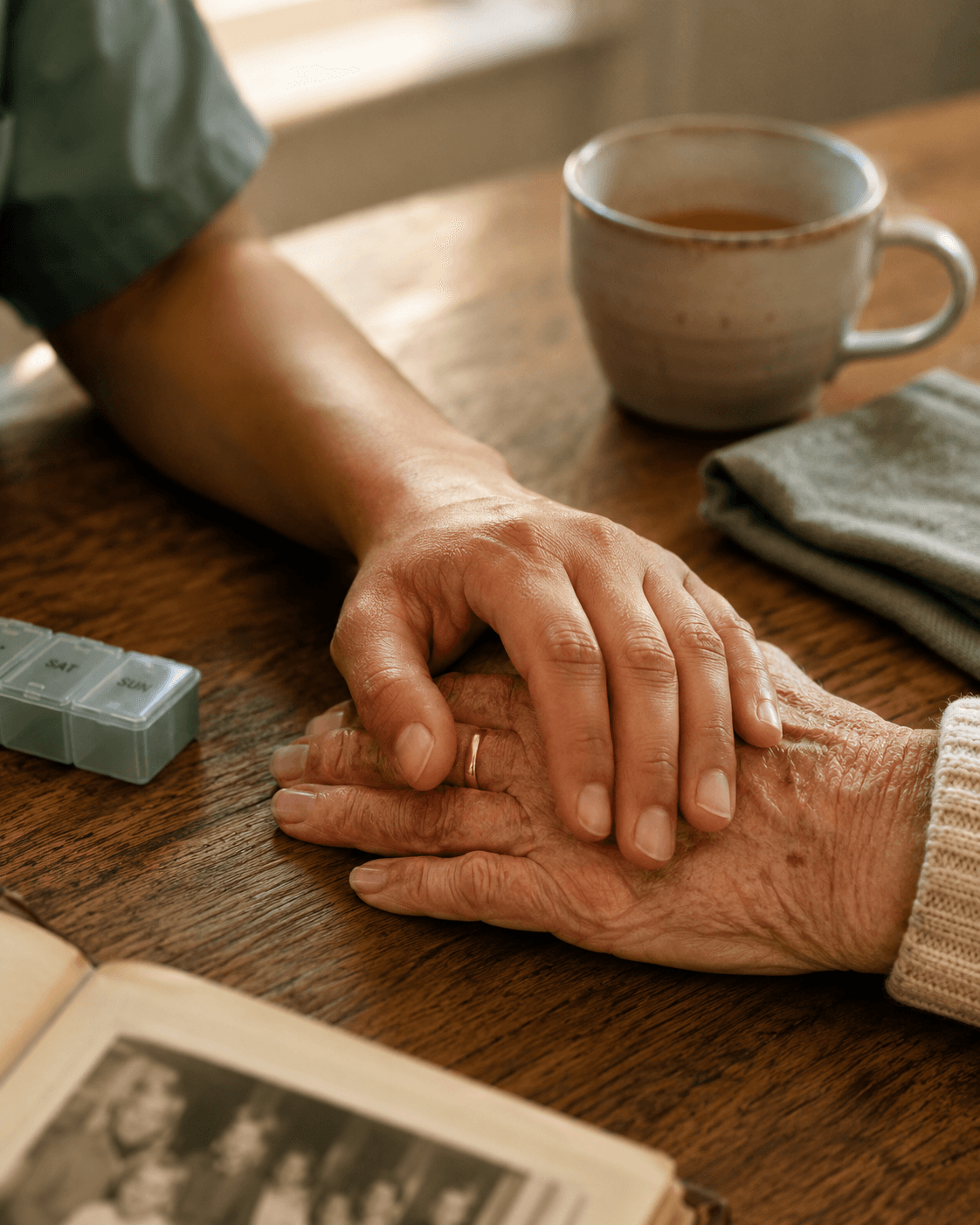 Close detail of a caregiver's hands gently resting over a client's hands at home