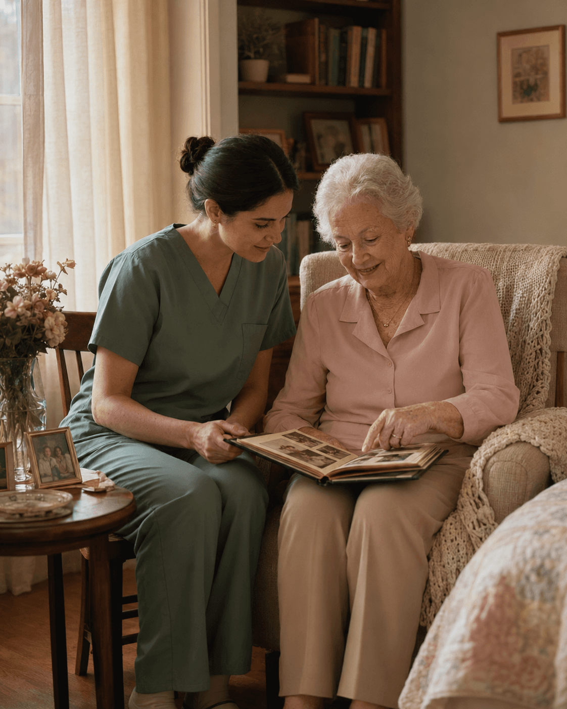 Caregiver sharing tea and conversation with a senior client in a sunlit Fresno living room