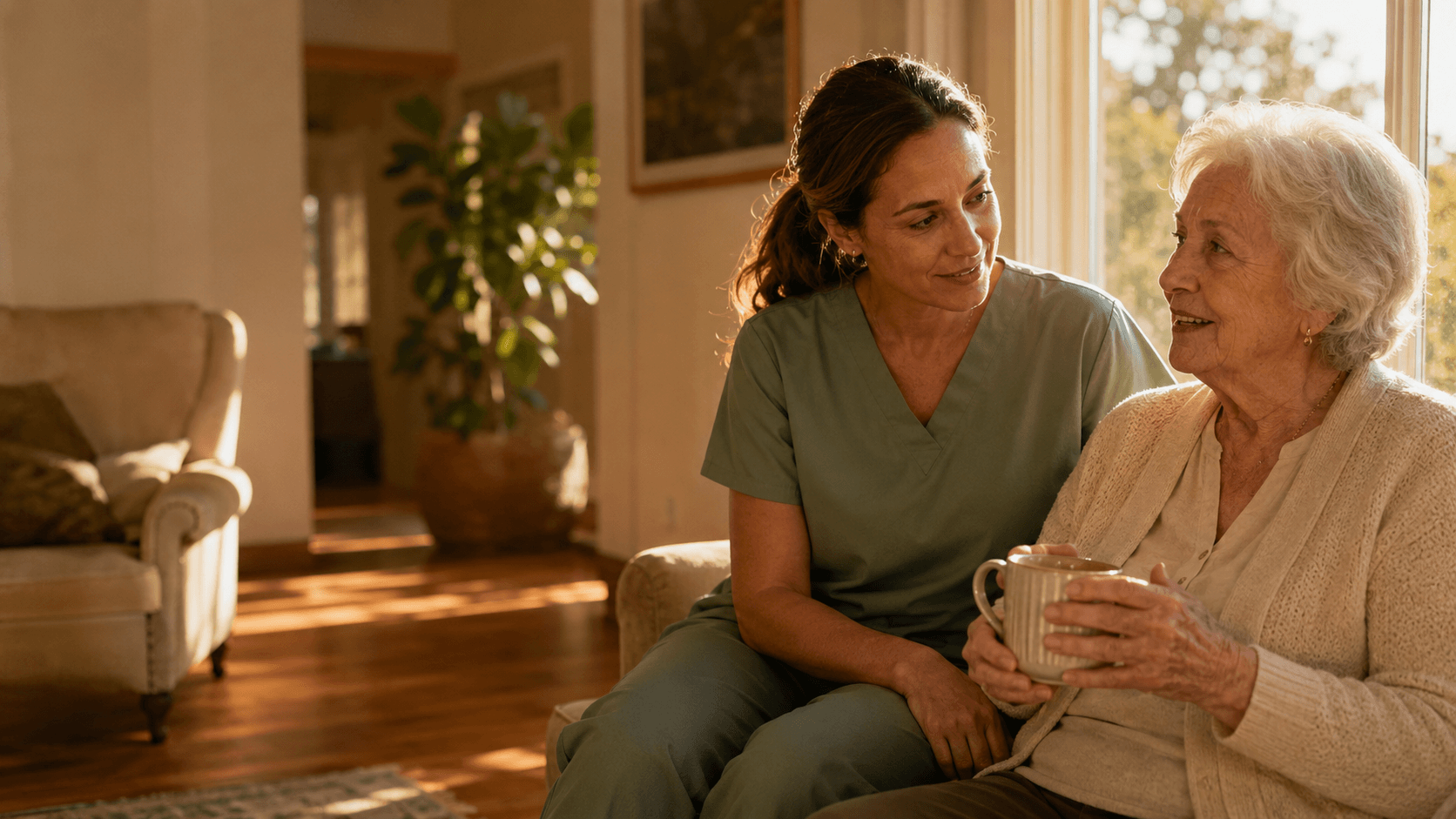 Caregiver in sage scrubs talking with an older woman in a sunlit Fresno living room
