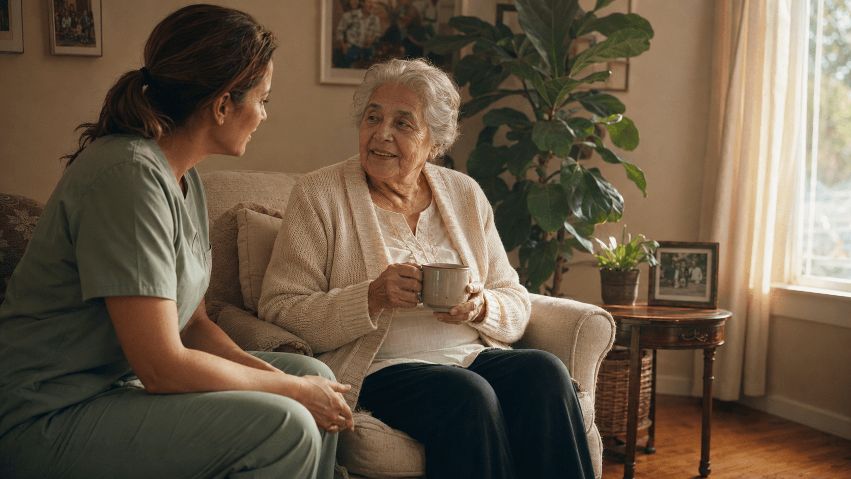 Jane's Home Care caregiver looking through a photo album with a senior resident inside her independent living community apartment in the Central Valley