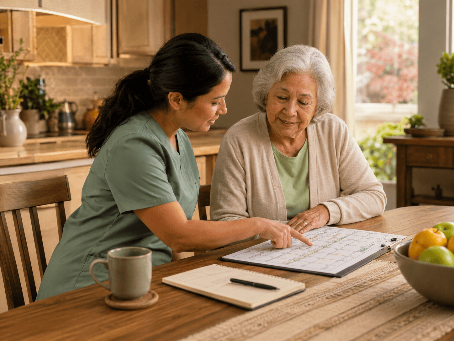 Jane's Home Care caregiver pointing to a weekly medication reminder chart with a senior at her Fresno kitchen table