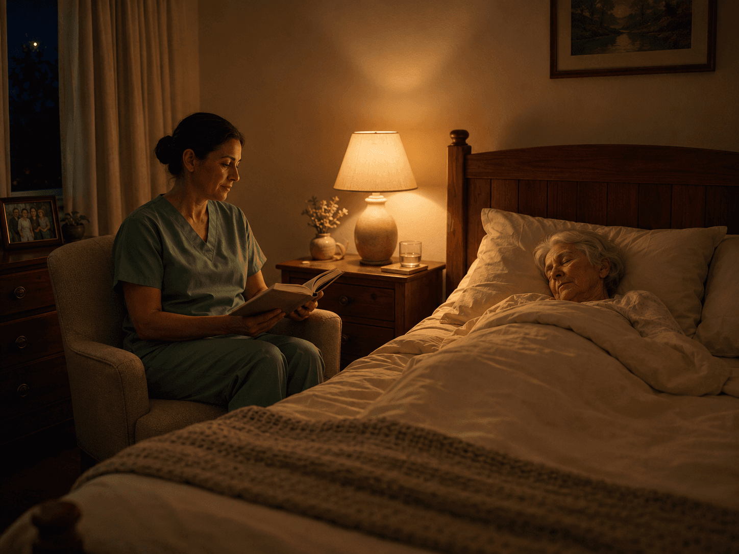 Jane's Home Care overnight caregiver awake and reading quietly beside a peacefully sleeping senior client in a Fresno home