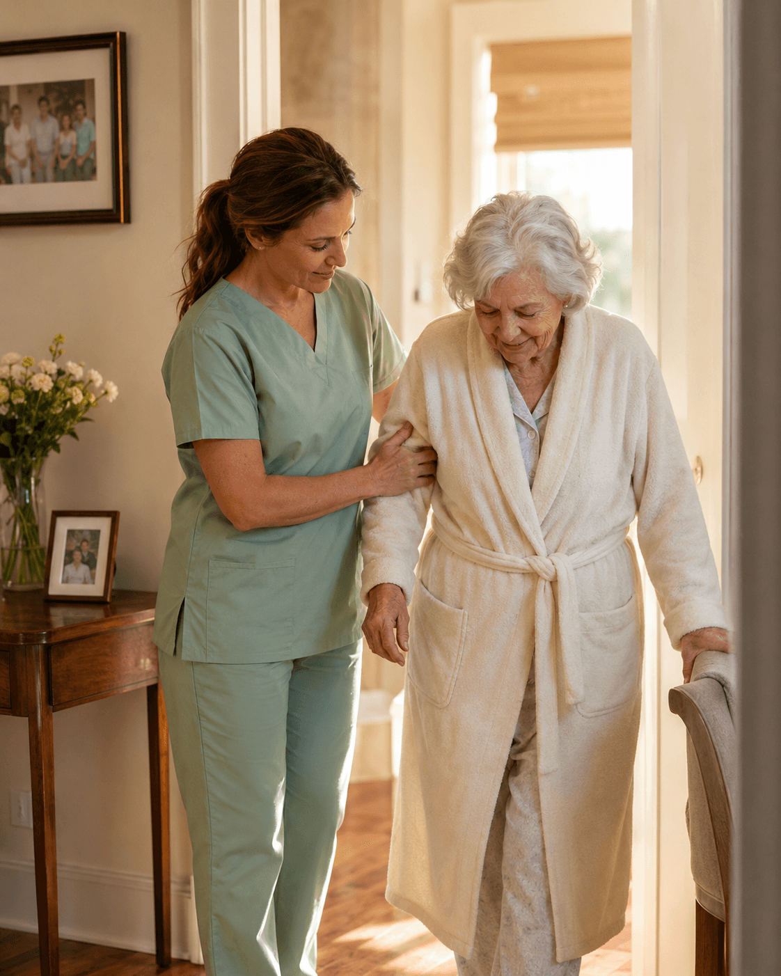 Jane's Home Care caregiver offering steady mobility support to an elderly woman in a sunlit Fresno home hallway