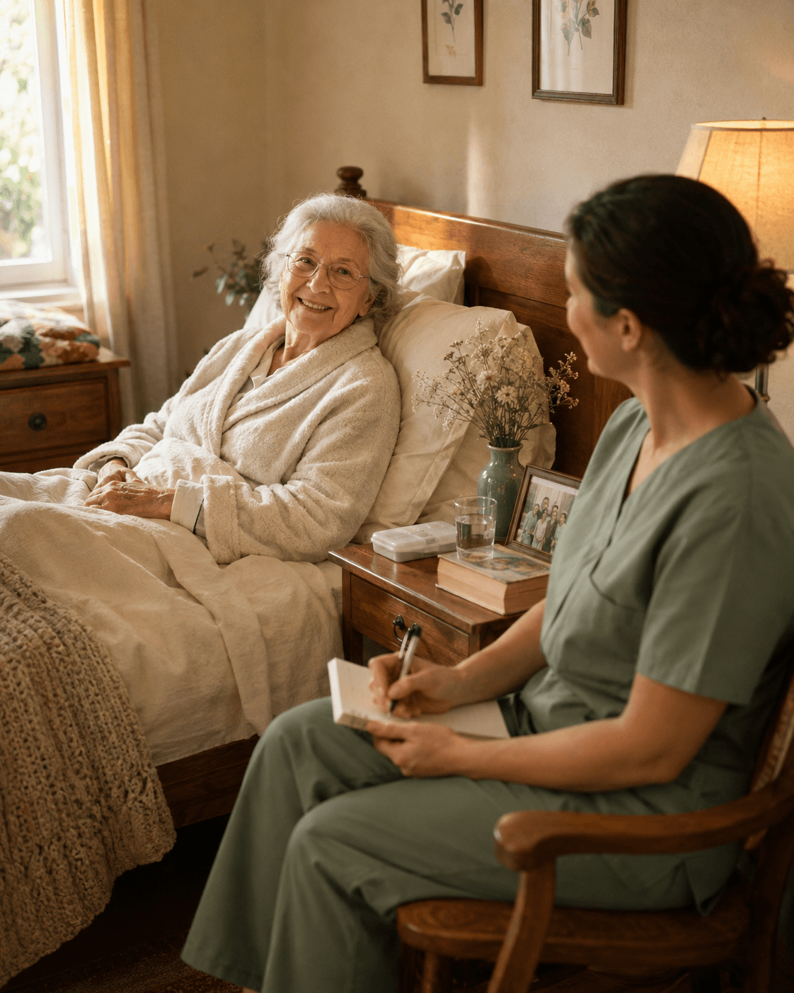Caregiver helping an older adult get settled at home while recovering after a hospital stay
