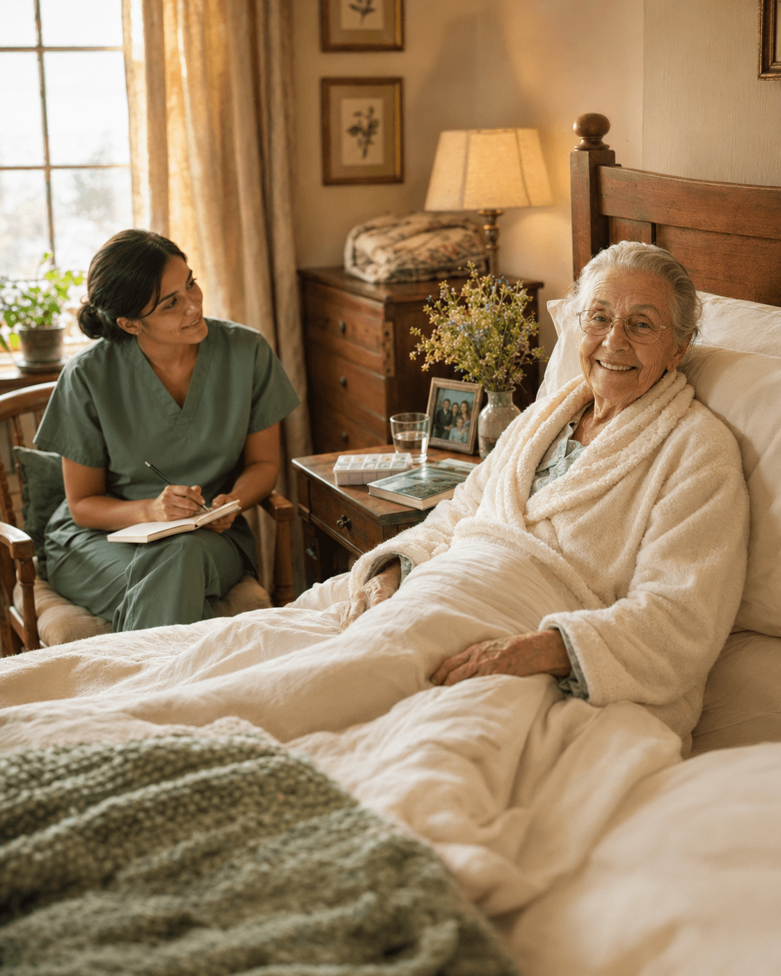 Jane's Home Care caregiver assisting a senior client recovering comfortably at home in Fresno
