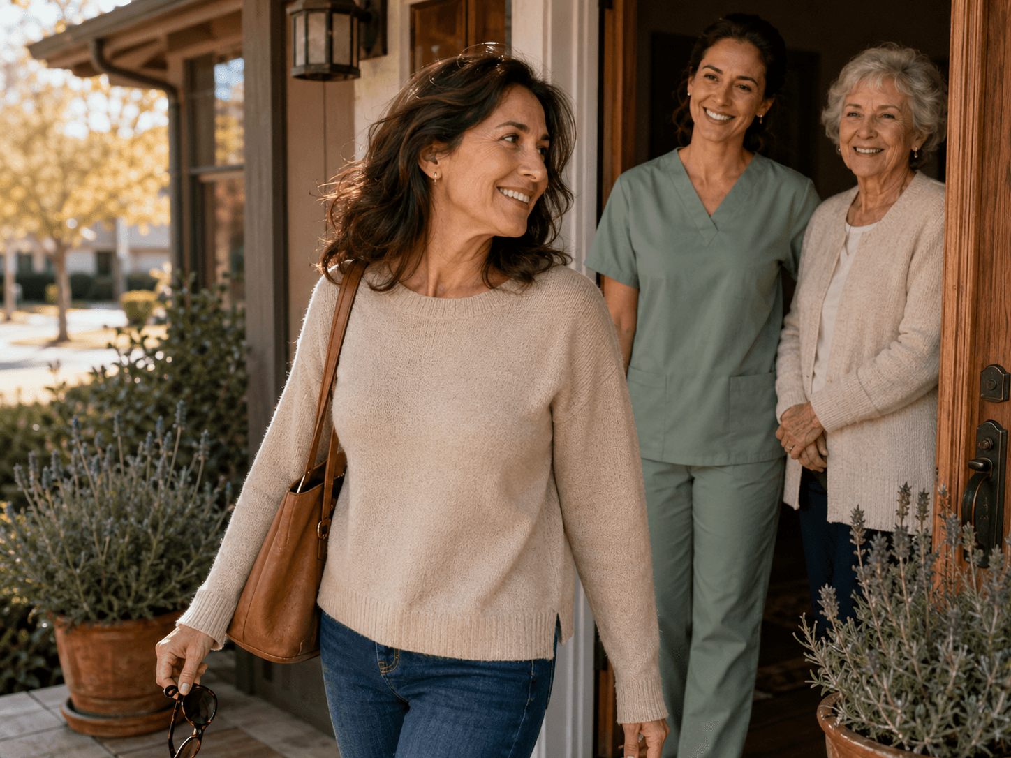 Family member handing off care notes to a professional caregiver at the front door