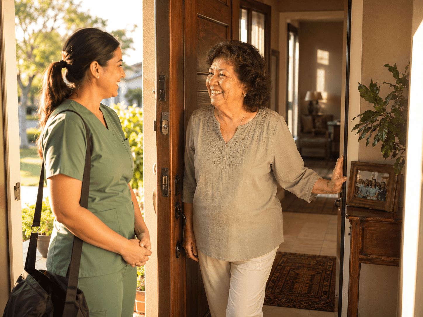 Caregiver greeting a client warmly at the front door on the first day of care
