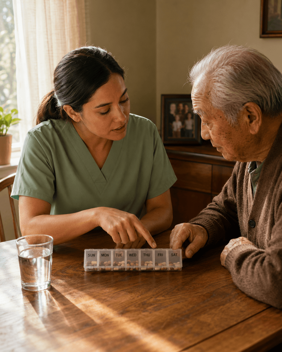 Caregiver helping a senior client organize a weekly medication routine at home