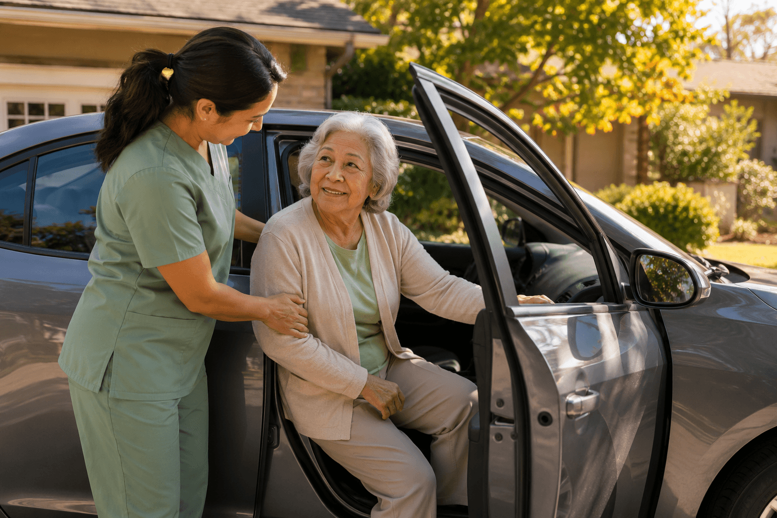 Jane's Home Care caregiver in sage scrubs helping a senior into the passenger seat of a car in a Fresno driveway