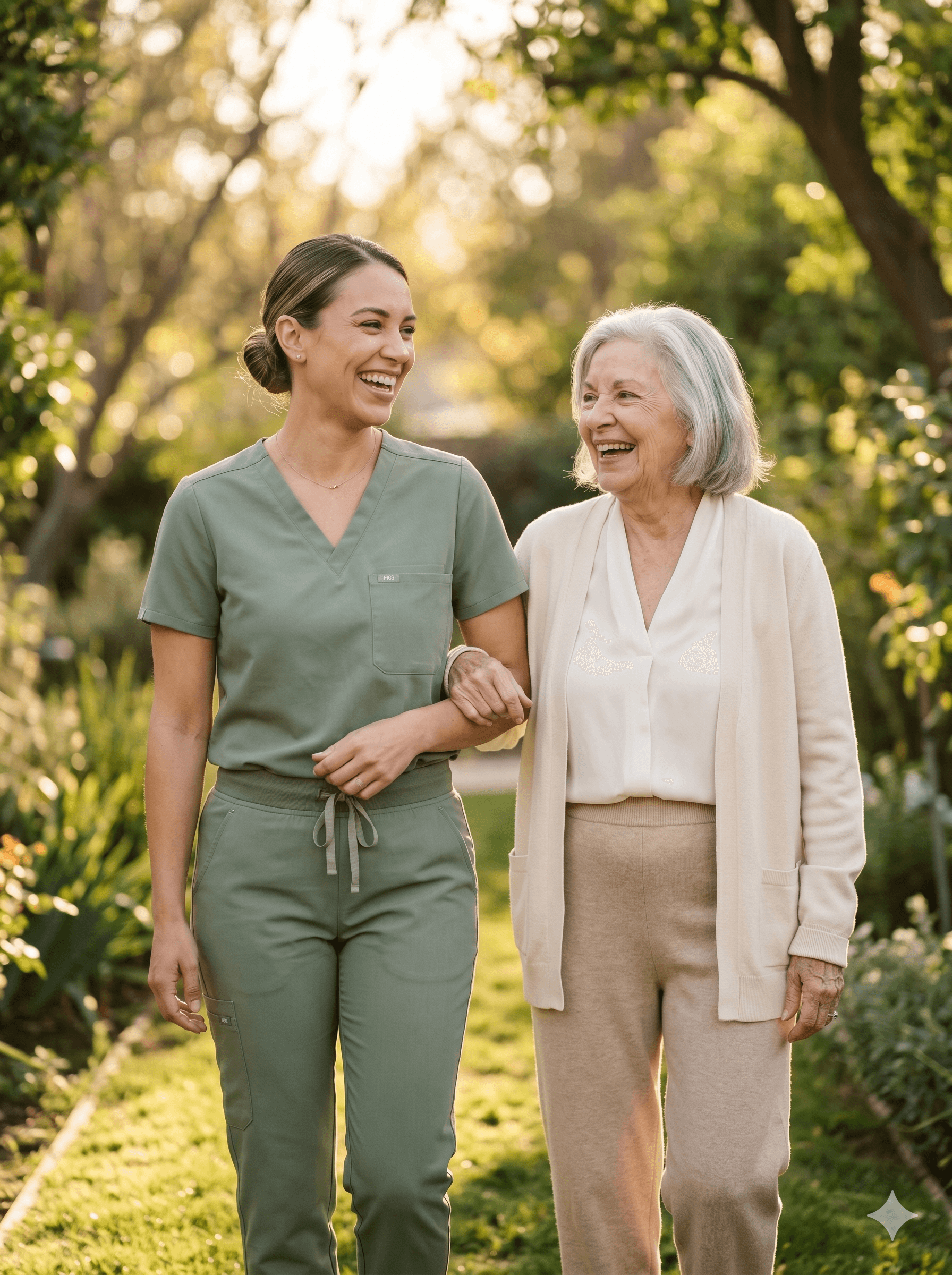 Jane's Home Care caregiver in sage scrubs arriving for a shift in the Central Valley